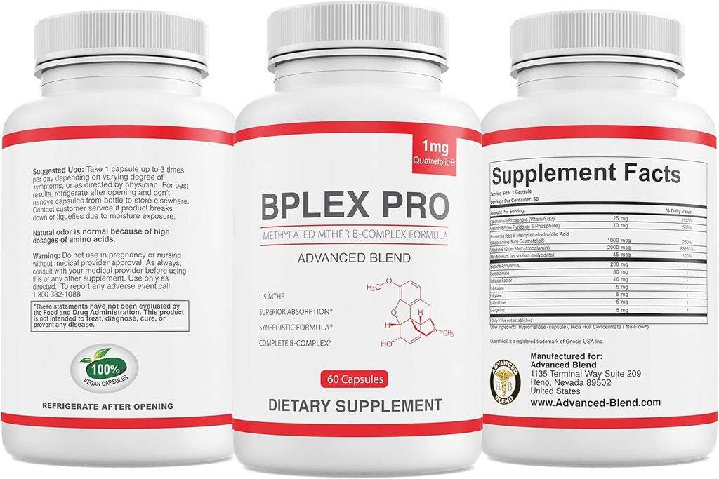 Advanced Blend MTHFR with 1000 mcg Quatrefolic. 1500 mcg Methylcobalamin with Amino Acids to Aid in Detox. Intrinsic Factor for B12 Absorption. 60 Veggie Capsules.
