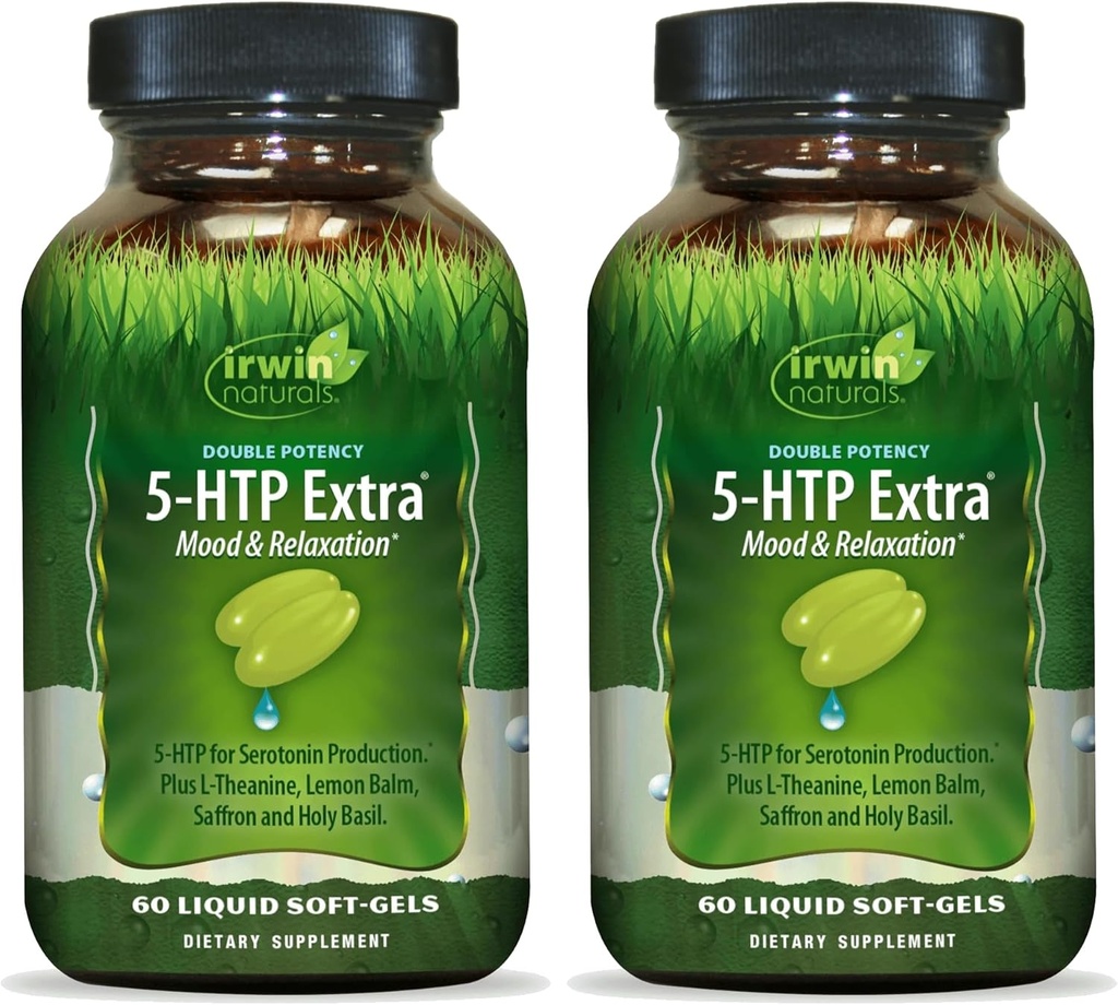 Irwin Naturals Double Potency 5-HTP Extra - 60 Liquid Soft-Gels, Pack of 2 - for Relaxation & Serotonin Production - 60 Total Servings