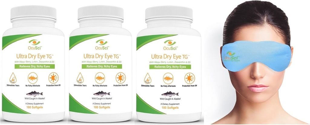Formulated for Dry Eyes with Triglyceride Ultra Pure Omega-3, Omega-7, Lutein and D3 and a Dry Eye Compress