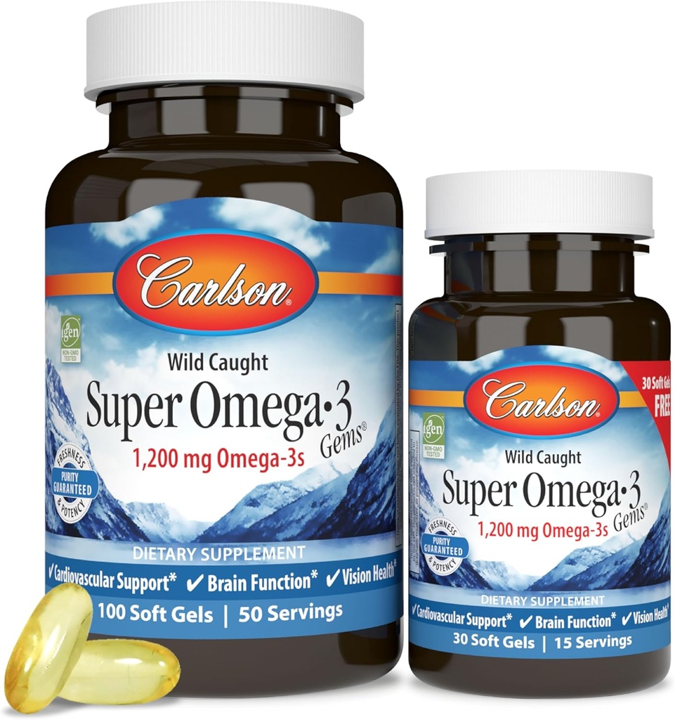 Carlson - Super Omega-3 Gems, 1200 mg Omega-3 Fatty Acids with EPA and DHA, Wild-Caught Norwegian Supplement, Sustainably Sourced Fish Oil Capsules, Omega 3 Supplements, 100+30 Softgels