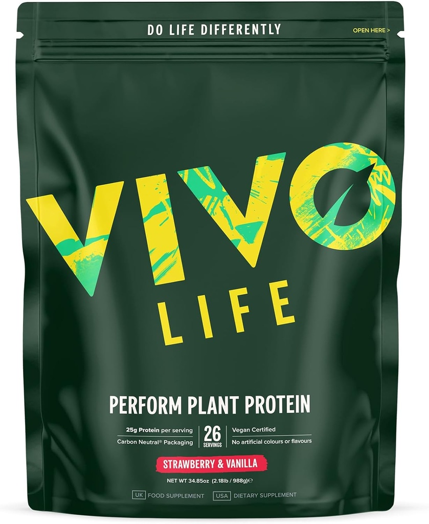 Vivo life Perform Plant Protein Powder - Pea & Hemp Protein Blend with BCAA (34.85 oz, Strawberry & Vanilla)