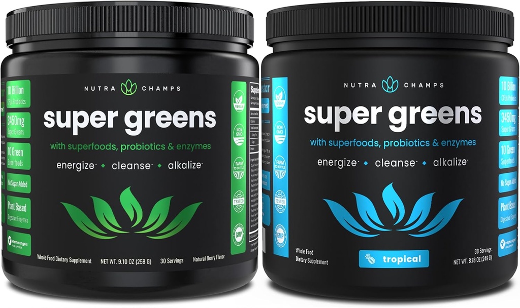 NutraChamps Super Greens Berry & Super Greens Tropical Bundle - 2 Month Supply