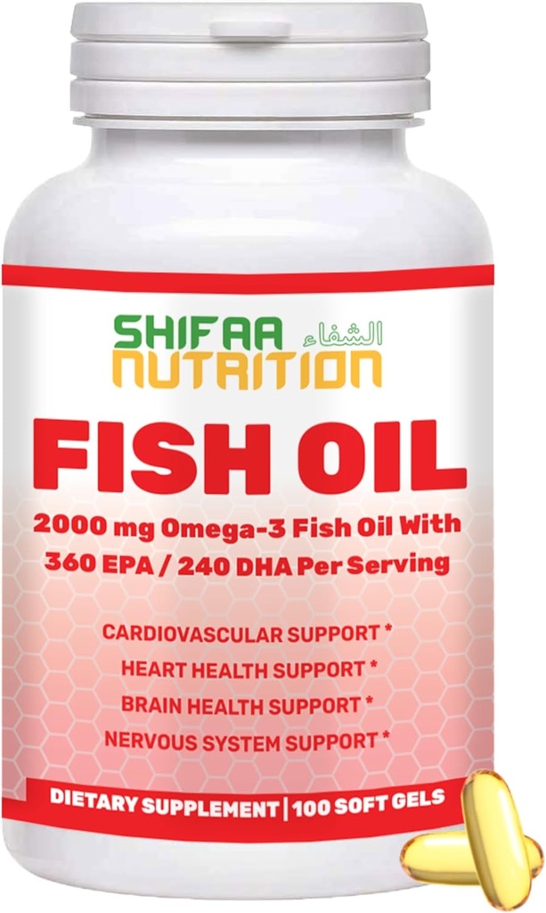 SHIFAA NUTRITION Halal Fish Oil 2000mg Softgels with 360mg EPA & 240mg DHA. 100 Wild Caught & Non-GMO Omega 3 Softgels for Heart & Brain Health. Burpless, Easy-to-Swallow Fish Oil Omega 3 Supplements