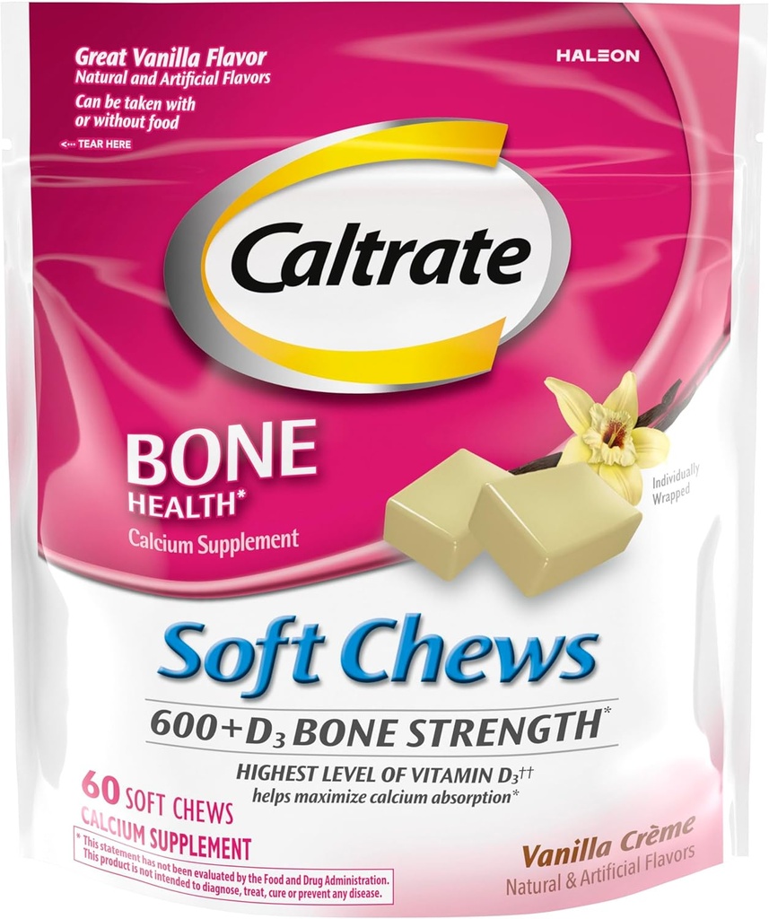 Caltrate Soft Chews 600 Plus D3 Calcium Vitamin D Supplement, Vanilla Creme - 60 Count