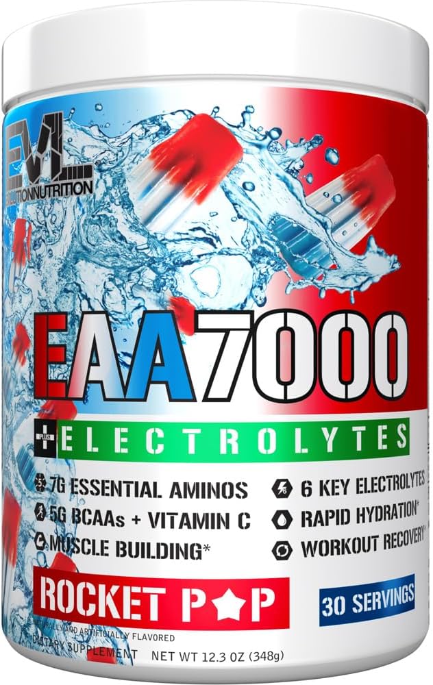 Evlution Nutrition EAA7000 + Electrolytes - Pre & Post Workout Powder - Muscle Building + Recovery Supplement - 7g EAAs + 5g BCAAs + 6 Key Electrolytes - Rapid Hydration - 30 Servings - Rocket Pop