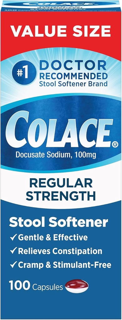 Colace Stool Softener 100 mg, 100 Capsules, Constipation Relief, Docusate Sodium, Gentle Docusate, Stimulant-Free, Regular Strength, #1 Doctor Recommended Stool Softener Brand