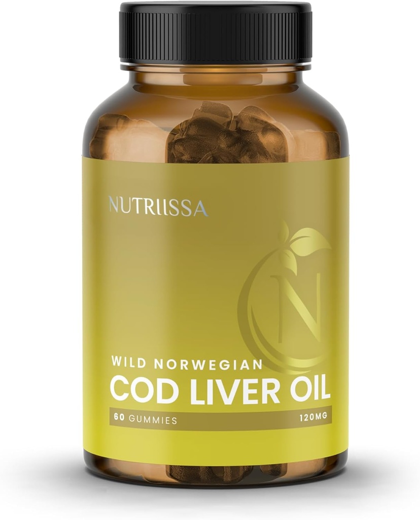 Nutriissa Organic Cod Liver Oil – Fish Oil Gummies Rich in Omega-3, EPA, DHA – EPEB Certified for Purity & Potency - 60 Lemon Flavored Gummies