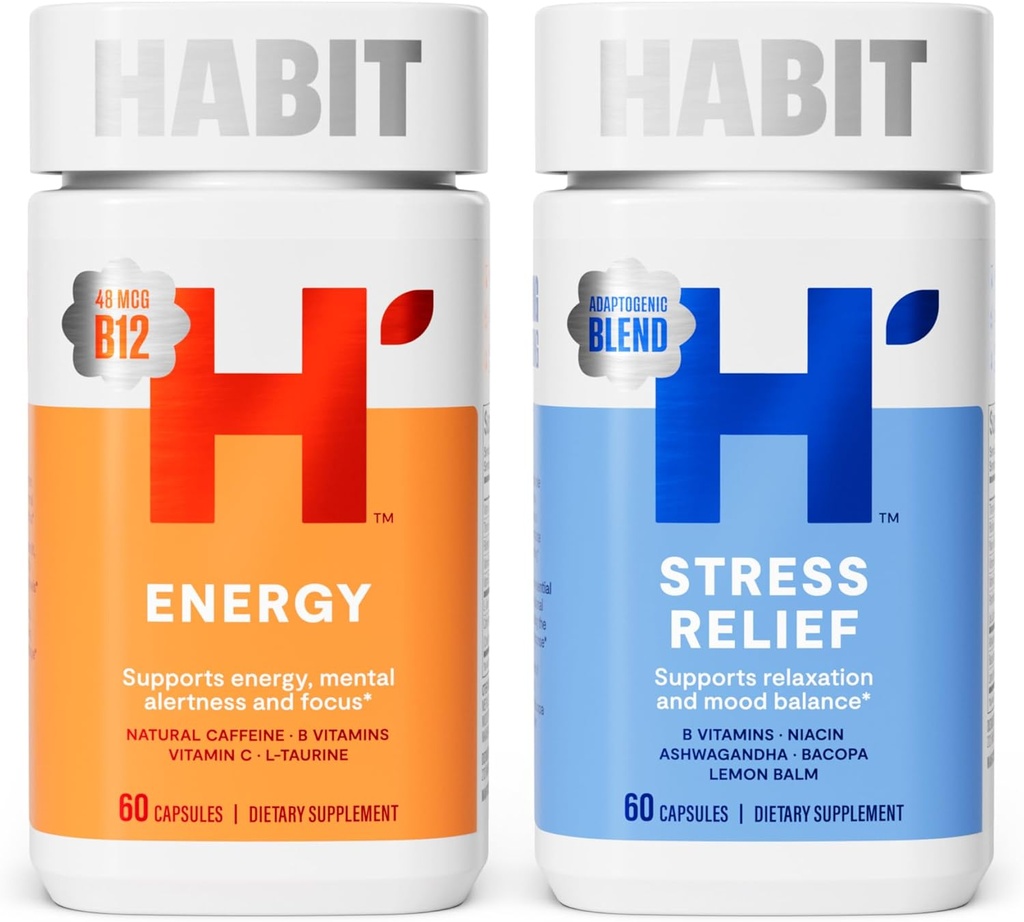 Habit Huge Mood Bundle - Energy (60 Capsules) + Stress Relief (60 Capsules) Supplements. Supports Alertness and Focus, Supports Relaxation & Mood Balance, Vegan, Non-GMO