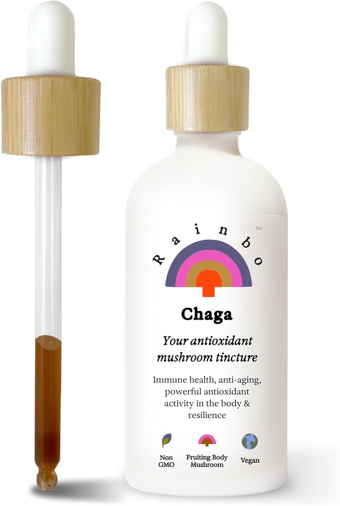 Rainbo - Chaga Mushroom Tincture - Dual Extract Mushroom Supplement - Immune Support, Cellular Support, Liquid Chaga Supplement, Vegan, Non GMO, 3.4 fl oz