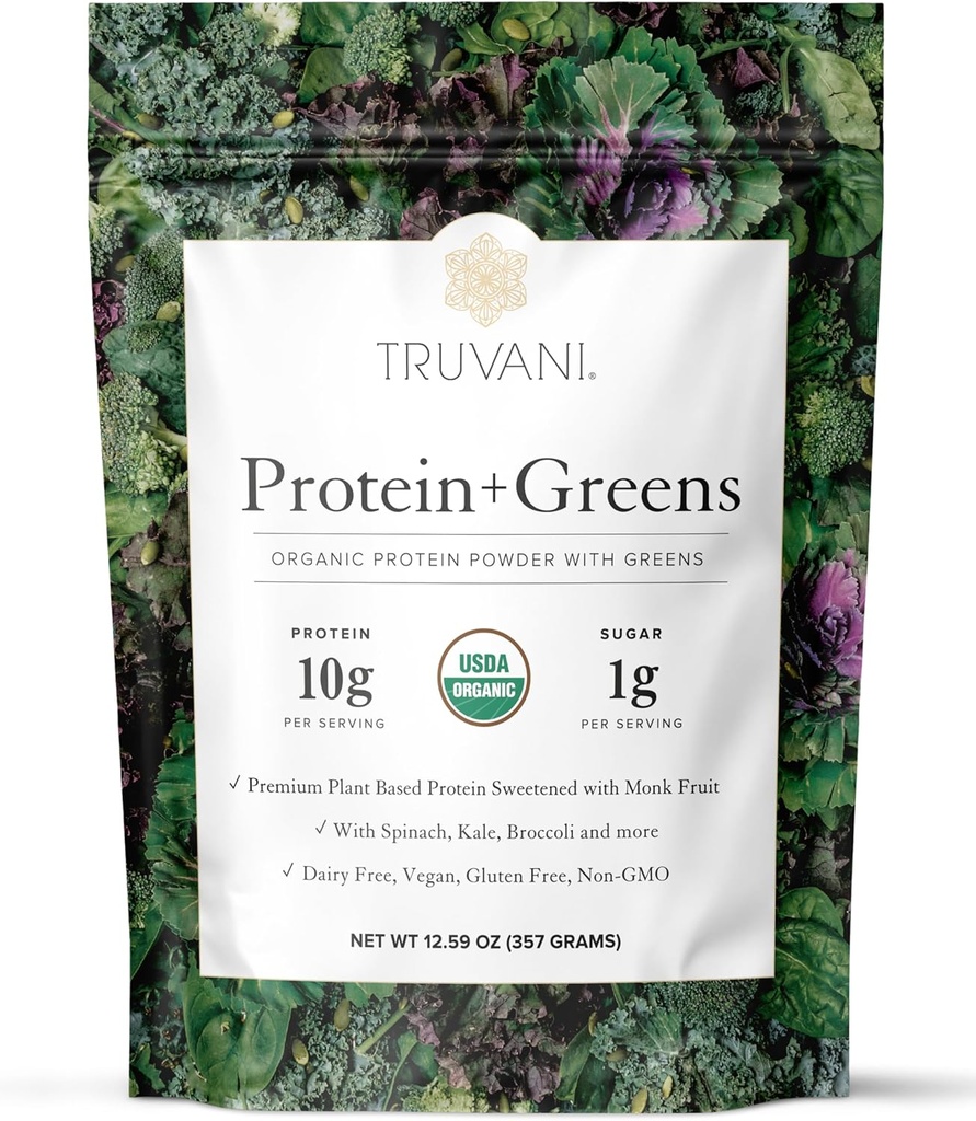 Truvani Protein + Greens Supplement | Spinach, Kale & Broccoli | 10g Organic Plant Based Protein | 20 Servings | USDA Organic | Gluten & Dairy Free | Vegan | No Added Sugar