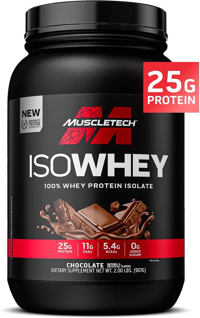 MuscleTech ISO Whey Isolate Protein Powder, Chocolate - Post Workout Gym Supplement for Lean Muscle Gain, Body Building Weight Gainer & Recovery - 25g Protein, BCAA, EAA & 0 Added Sugar - 2lbs