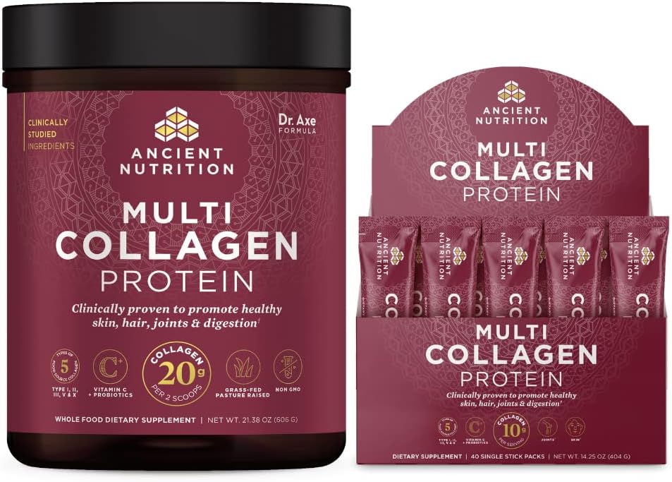 Ancient Nutrition Multi Collagen Protein Powder, Unflavored, 60 Servings + Multi Collagen Protein Powder Stick Packs, Unflavored, 40 Packs
