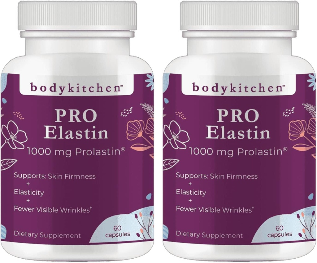 Body Kitchen Pro-Elastin, 1000 mg Elastin Supplement, Help Reduce Signs of Aging, Improved Skin Health, Firmness & Elasticity, Fewer Wrinkles, Veggie Caps, (Pack of 2)