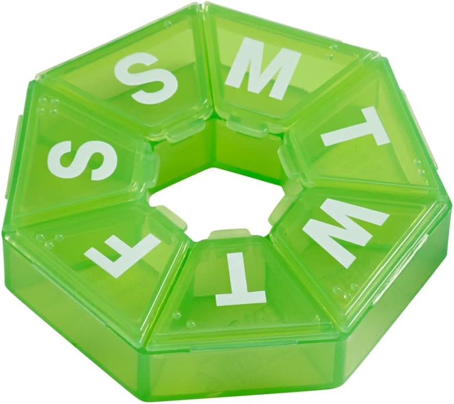 EZY DOSE Weekly Pill Organizer, Medicine Box, and Vitamin Planner, Travel Pill Planner, Portable Storage, 7-Sided, Green, BPA Free