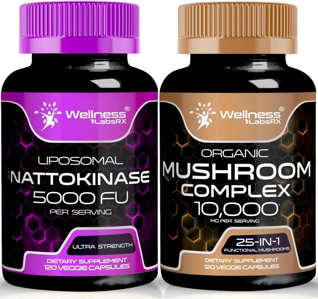 Nattokinase Supplement Capsules - 5000 FU - Enzymes from Pure Japanese Natto Extract | Organic Mushroom Supplement Capsules - 10000mg - 25 in 1 Mushroom Complex Capsules