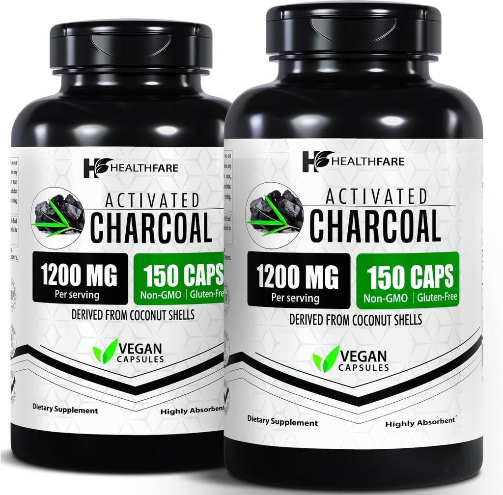 HealthFare Activated Charcoal Pills 1200mg | 150 Vegan Capsules | 2 Bottles | Organic Coconut-Sourced | Detox & Digestive Balance | Non-GMO, Gluten-Free | Made in USA