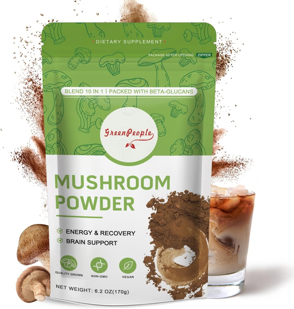 GREENPEOPLE Mushroom Powder Mushroom Supplement - 10-in-1 Mushrooms Lions Mane Powder with Reishi/Cordyceps/Chaga/Turkey Tail/Maitake/Complex for Cognitive Function & Immune Support 60 Servings