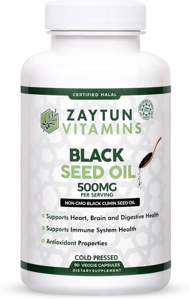 Halal Black Seed Oil, Supports Heart, Brain and Immune Health, Natural Anti-Oxidant, Non-GMO, Cold-Pressed, 90 Veggie Capsules, Made in USA - Halal Vitamins