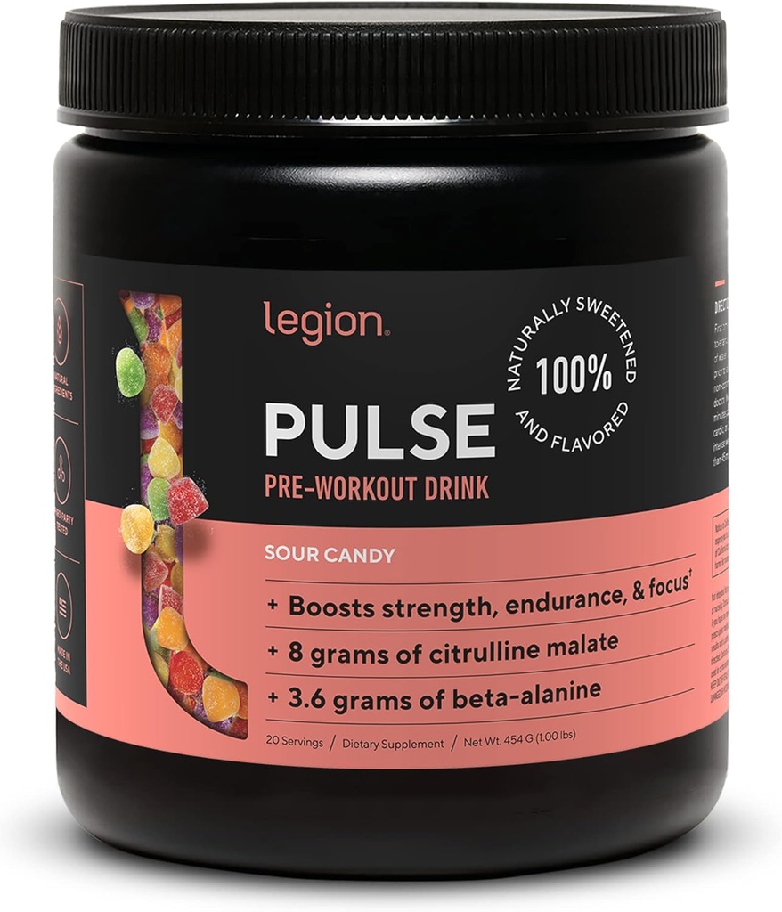 LEGION Pulse Pre Workout - All Natural Nitric Oxide Preworkout Drink to Boost Energy, Creatine Free, Naturally Sweetened, Beta Alanine, Citrulline, Alpha GPC (Sour Candy)