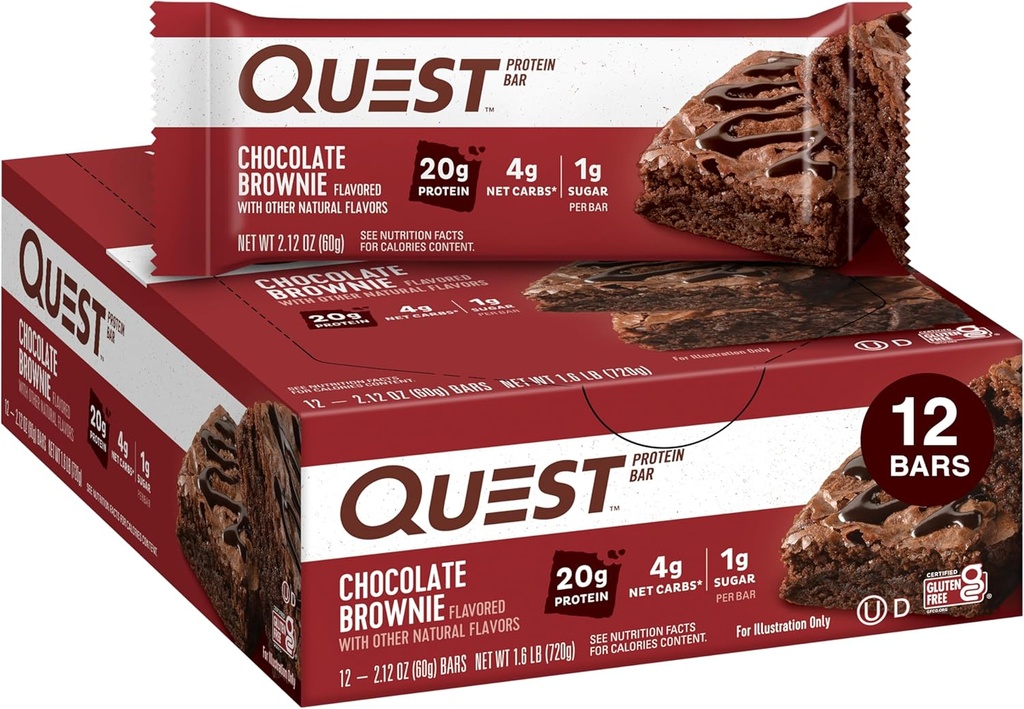 Quest Nutrition Chocolate Brownie Protein Bar, 20g Protein, 1g Sugar, 4g Net Carb, Gluten Free, Gluten Free, 12 Count