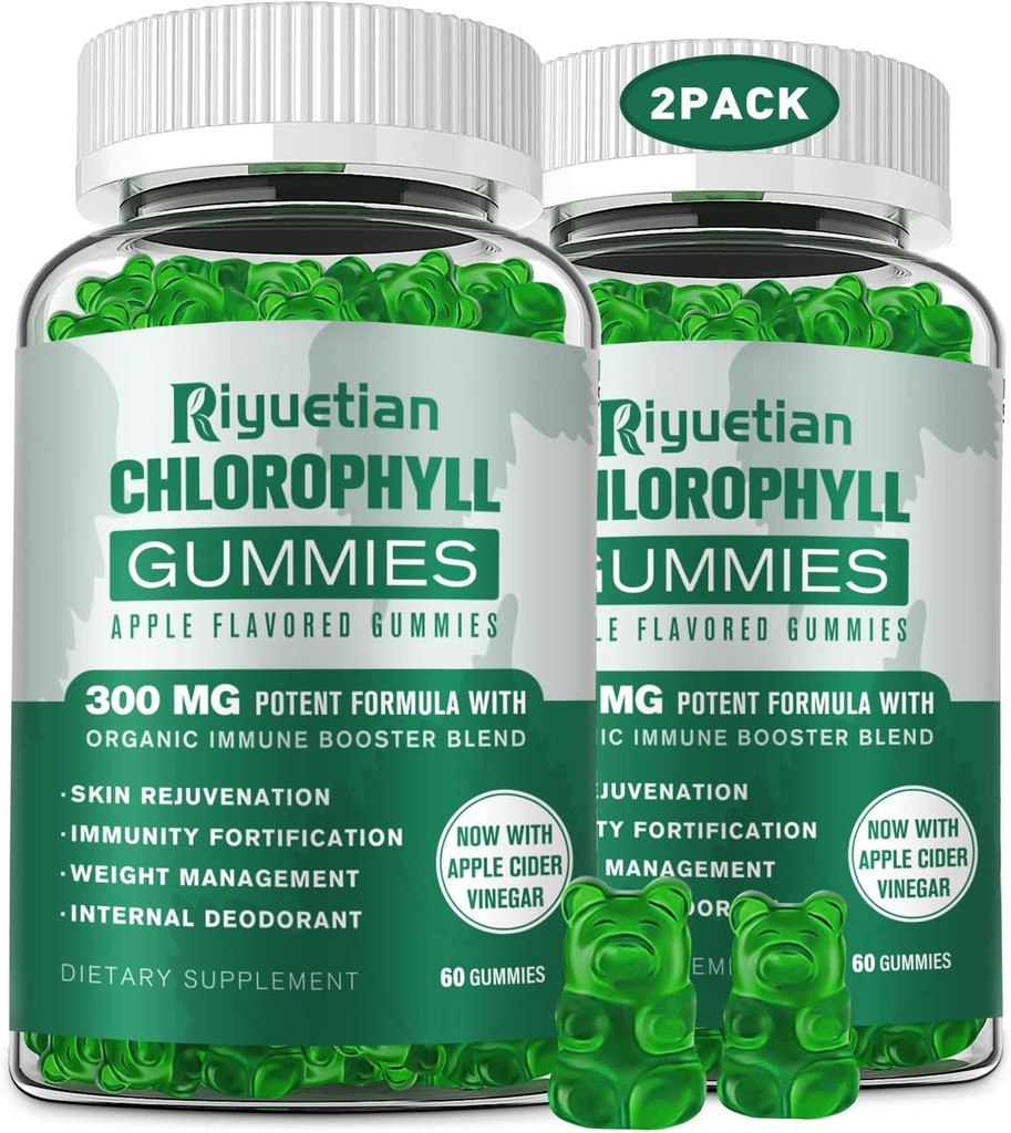 Sugar Free Chlorophyll Gummies - with Unfiltered ACV & Vitamin C、B12 - Energy Boost, Immune & Digestion Support, Natural Deodorant, Skin Care - Vegan, Non-GMO - 120 Gummies
