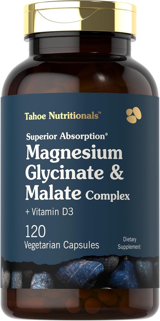 Tahoe Nutritionals Magnesium Glycinate and Malate Complex | with Vitamin D3 | 120 Capsules | Superior Absorption | Non-GMO and Gluten Free Formula