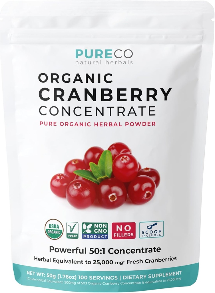USDA Organic Cranberry Concentrate (50:1) Powder - 500mg is Equivalent to 25,000mg of Fresh Cranberries - For Kidney Cleanse & UTI Support Vitamins - Women - Supplement - 100 Servings - No Pills