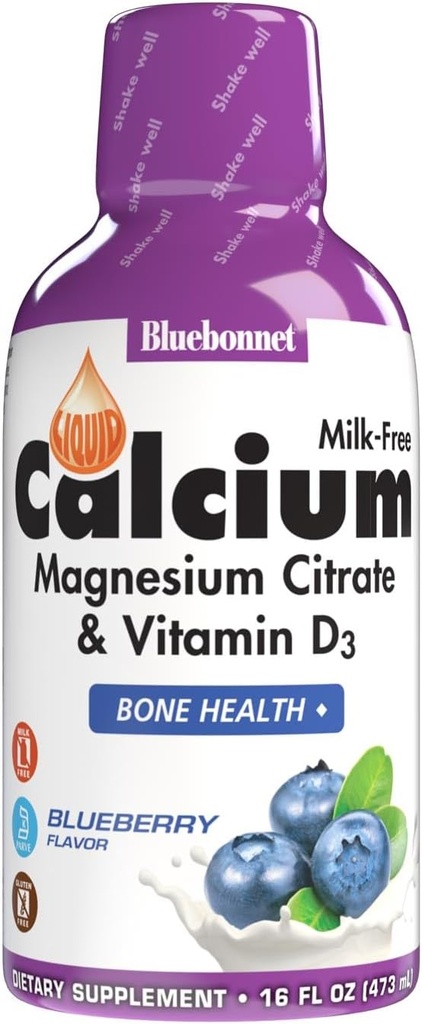 Bluebonnet Nutrition Liquid Calcium Citrate Magnesium Citrate, Vitamin D3, Bone Health, Gluten Free, Soy free, milk free, kosher,32 Servings, Blueberry Flavor, 16 Fl Oz (Pack of 1)