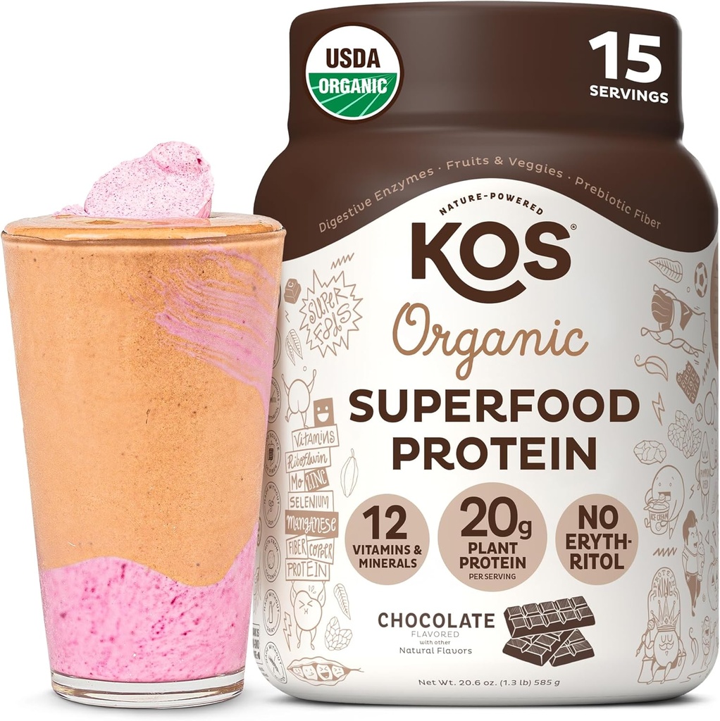KOS Plant Based Protein Powder, Chocolate USDA Organic - Low Carb Pea Protein Blend, Vegan Superfood with Vitamins & Minerals - Keto, Soy, Dairy Free - Meal Replacement for Women & Men - 15 Servings