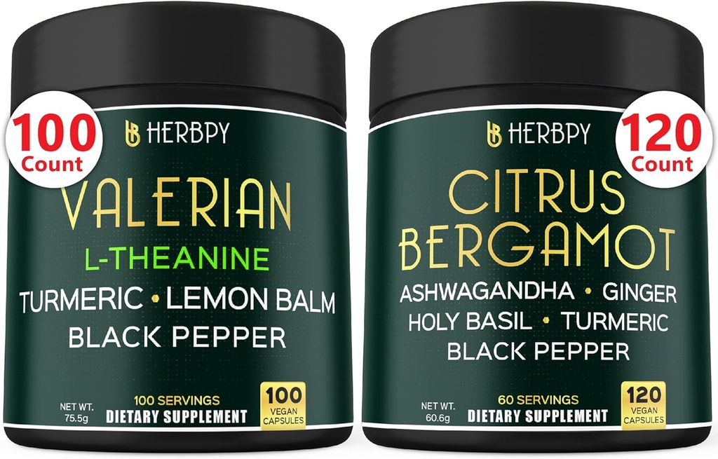Bundle 5in1 Valerian Root Supplement & 6in1 Citrus Bergamot Supplement - Support Relaxation, Heart, Restful Night Digestion and Immune