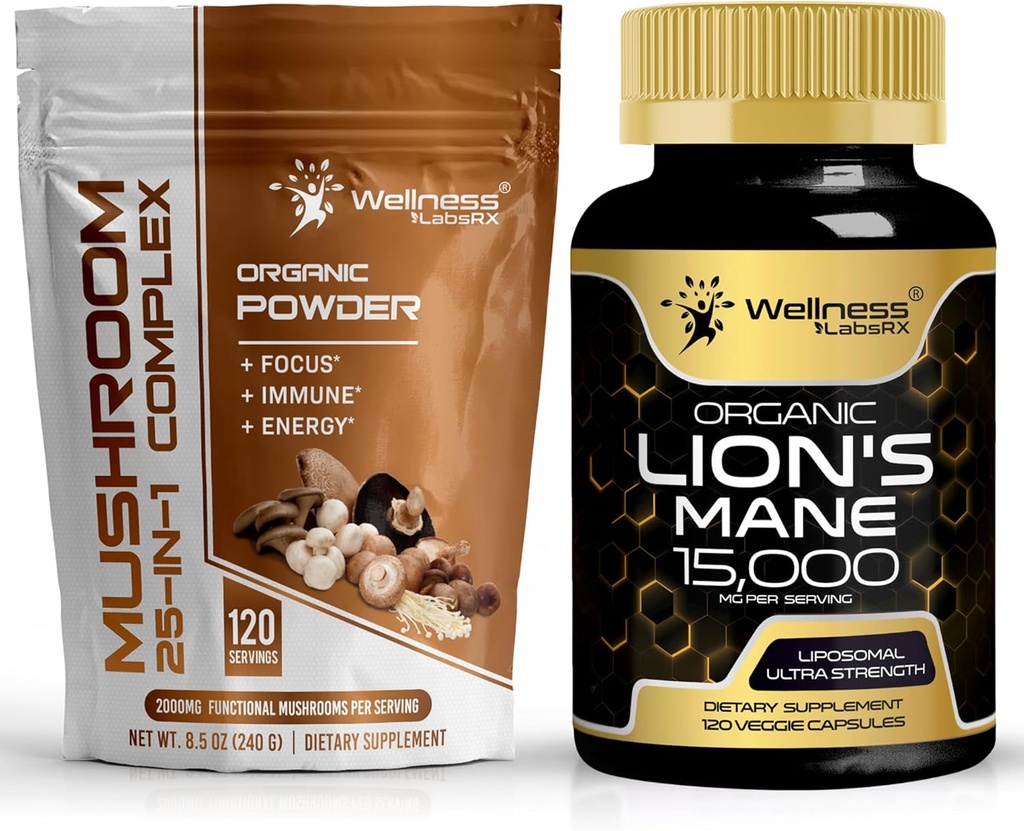 WELLNESS LABSRX Mushroom Powder 2000mg - Lions Mane Supplement Capsules