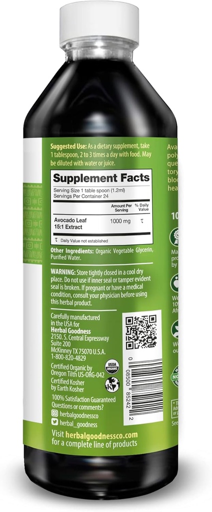 Avocado Leaf Extract Liquid Supplement - Avocado Fruit, Hoja de Aguacate, Avocado Leaves for Vitamins, Dietary Fiber, Skin & Immune Support, Digestive Health - 12oz Herbal Goodness