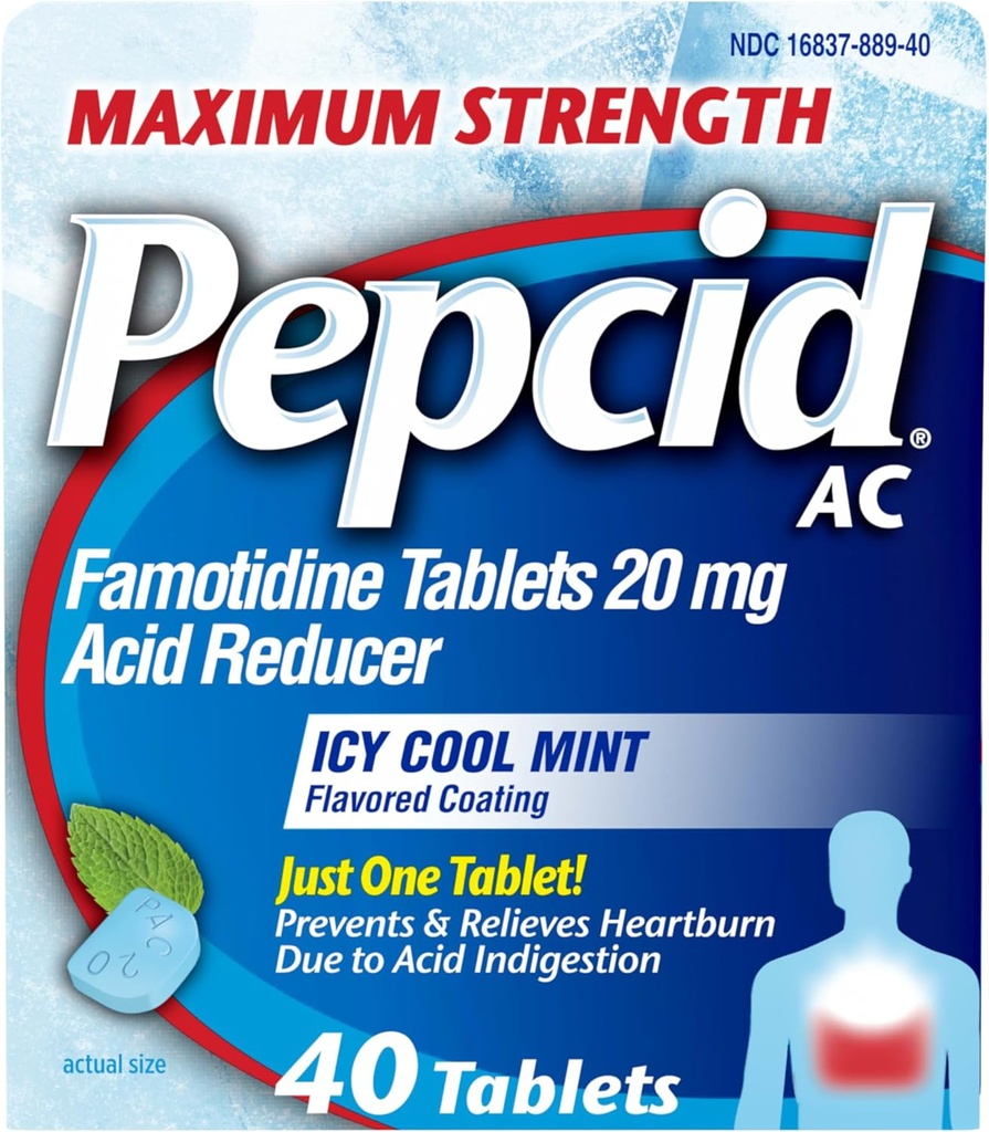 Pepcid AC Maximum Strength Heartburn Relief Tablets, OTC Medicine Prevents & Relieves Heartburn & Acid Reflux Due to Acid Indigestion, 20mg Famotidine Acid Reducer, ICY Cool Mint, 40 ct