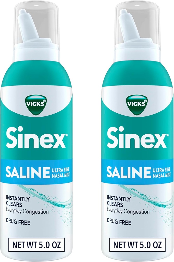 Vicks Sinex SALINE Nasal Spray, Drug Free Ultra Fine Mist, Clear Everyday Sinus Congestion Fast, Clear Mucus from a Cold or Allergy, Daily Use 5.0 fl oz x 2