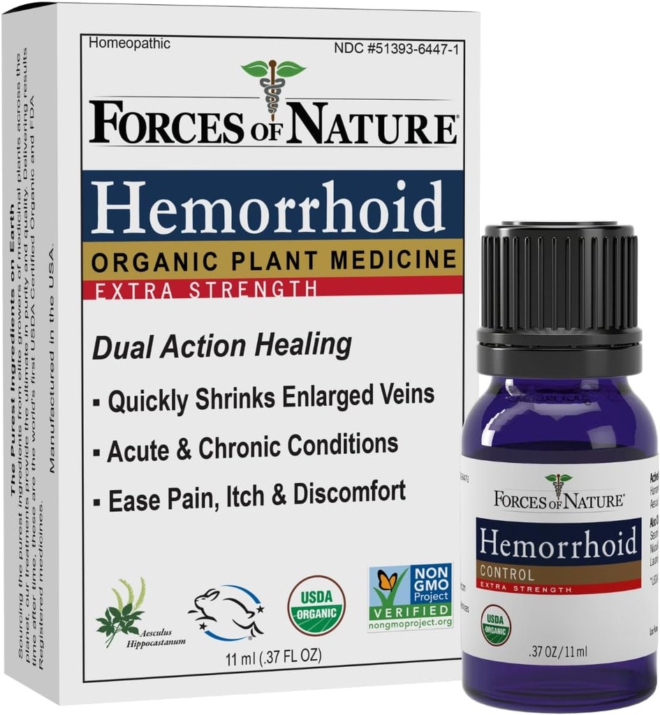 Forces of Nature Hemorrhoid Treatment, Extra Strength 0.37 Fl Oz, Organic Homeopathic Medicine & Essential Oils, Hemorrhoid Relief for Pain, Itching, Swelling, Soreness & Discomfort