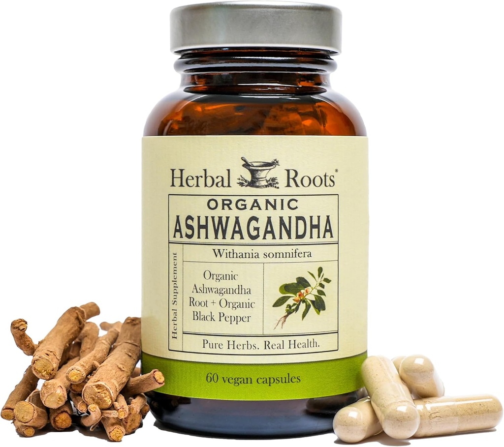 Herbal Roots Ashwagandha Capsules | Extra Strength 1,000mg per Serving | Ayurvedic for Overall Health for Men and Women | 60 Vegan Capsules