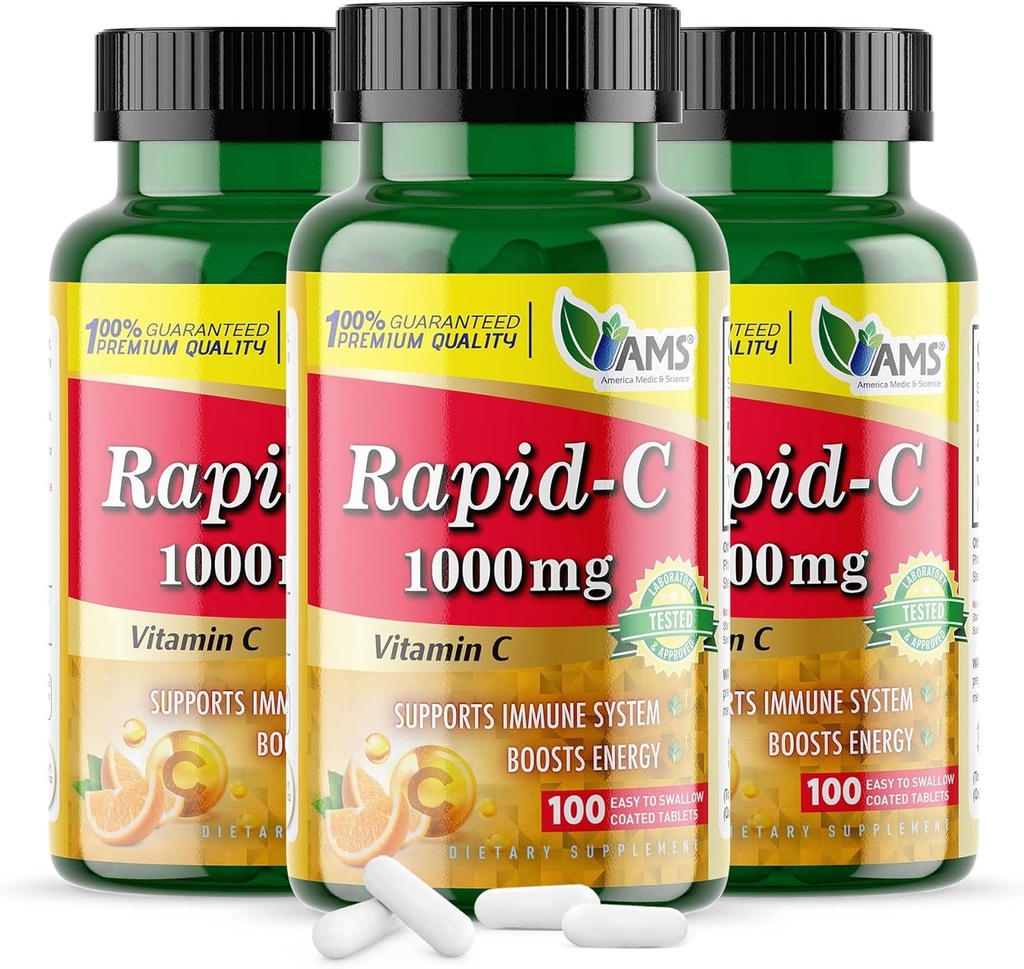 America Medic & Science Rapid-C 1000mg Vitamin C Supplement (3 Pack of 100 Tablets) Energy Booster, Daily Immune System Support, Antioxidant | Vegan, Non-GMO Coated Ascorbic Acid for Adult Men & Women
