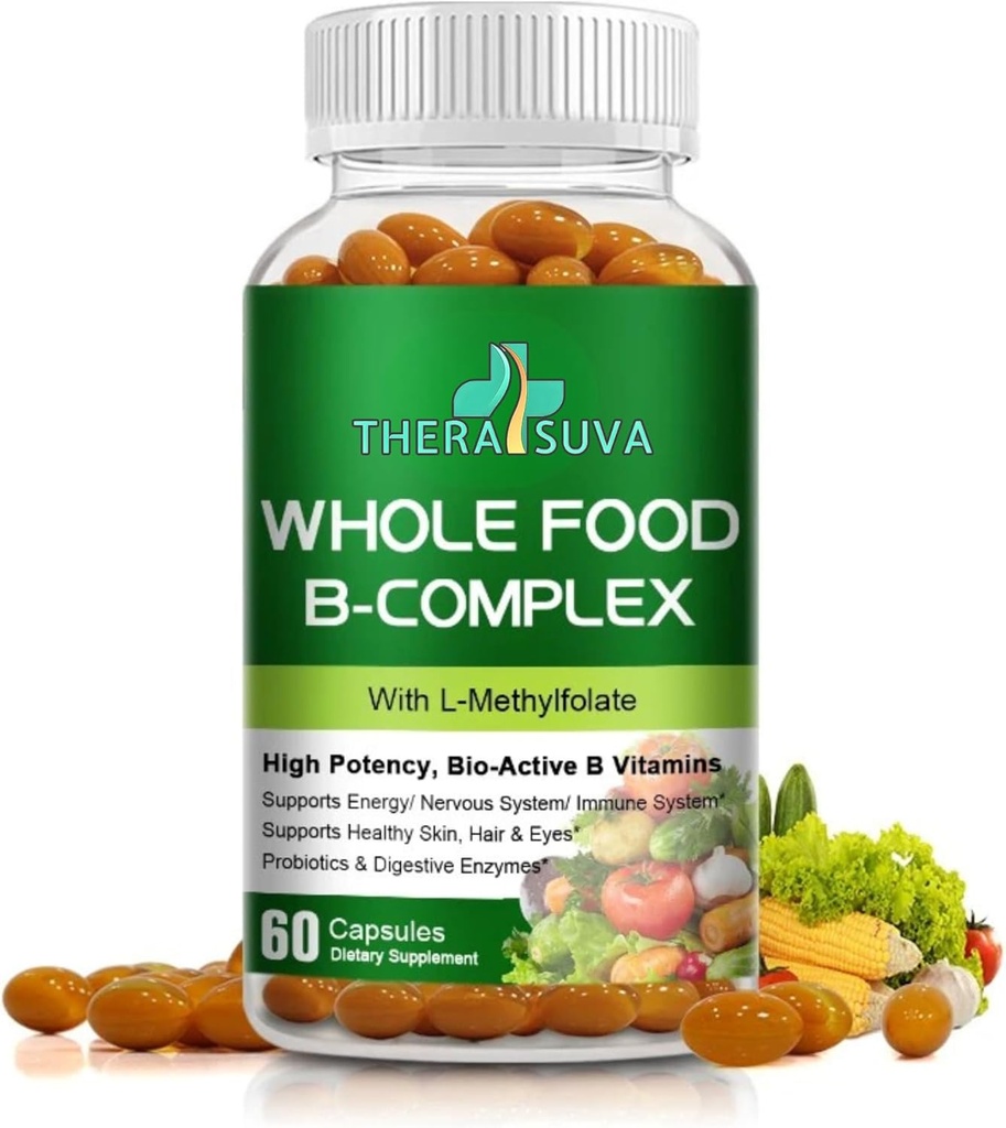 Whole Food Vitamin B-Complex + Biotin + Probiotics - 100% Vegan & Plant-Based, Supports Energy, Metabolism & Overall Wellness – 60 Day Supply, 120 Capsules
