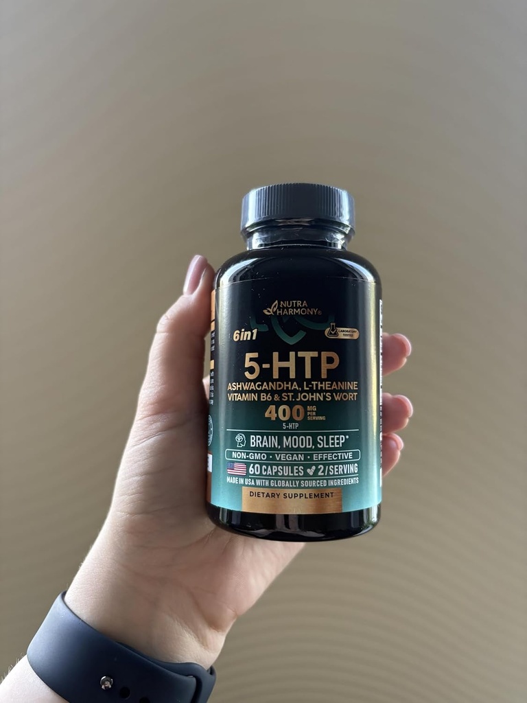5HTP 400 mg Capsules - 5-HTP Supplement Tryptophan - Ashwagandha | L-Theanine | St. John's Wort | Vitamins B6 & D3 | 5 HTP - Sleep, Mood & Brain Support - NON-Habit Forming & Drug-Free - 60 Capsules