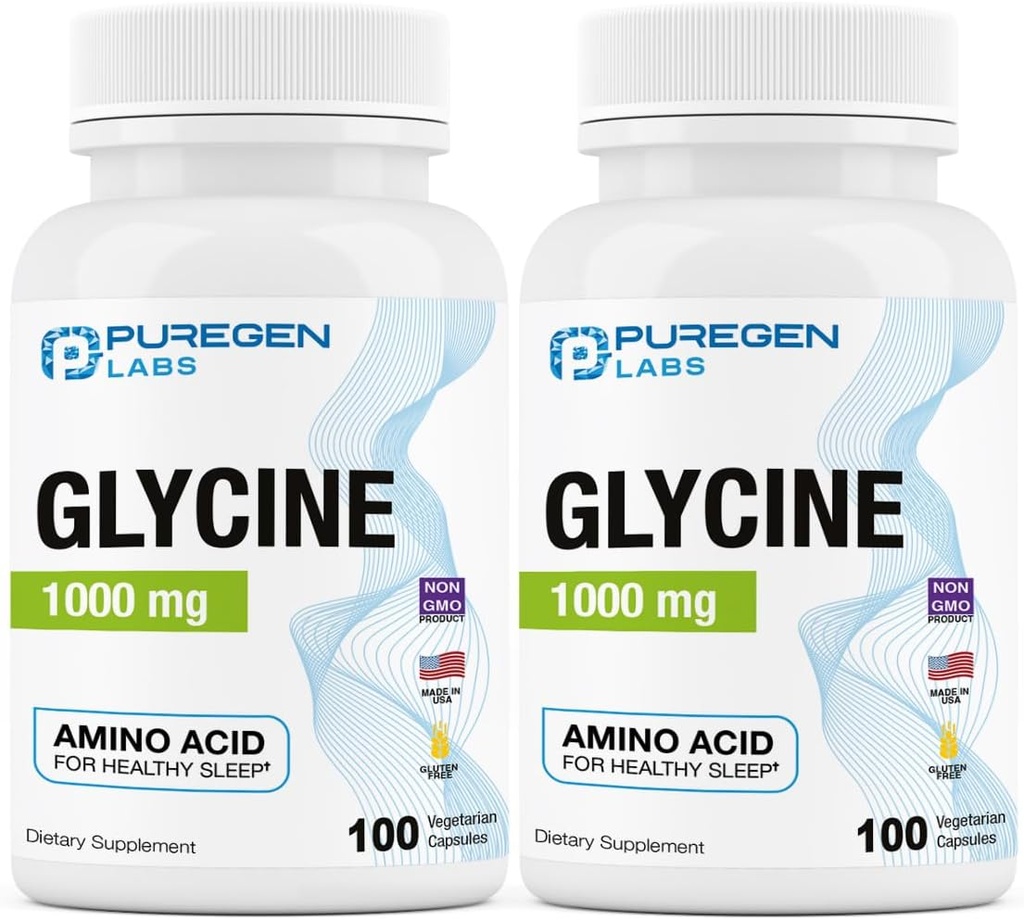 Puregen Labs Glycine 1000mg [High Potency] 100 Vegetarian Capsules, Promotes Healthy Sleep | No Harmful Additives | Non-GMO, NO Gluten and Dairy | Made in USA