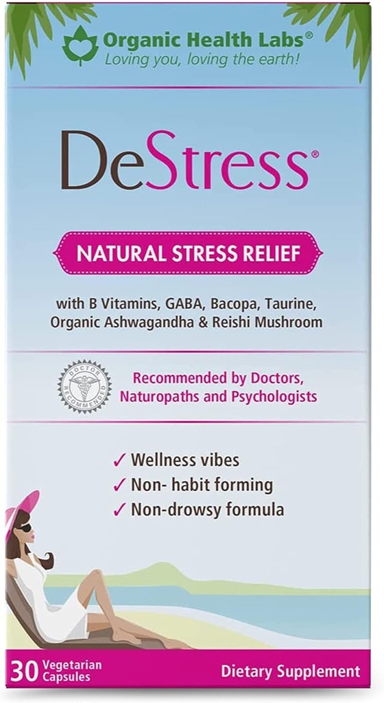 DeStress All-Natural: Veggie Capsules, with B Vitamins, Magnesium, Ashwagandha and L-Theanine Supplement, Anxiety Relief, 30 Veggie Capsules, Stress Relief Supplement Organic Health Labs