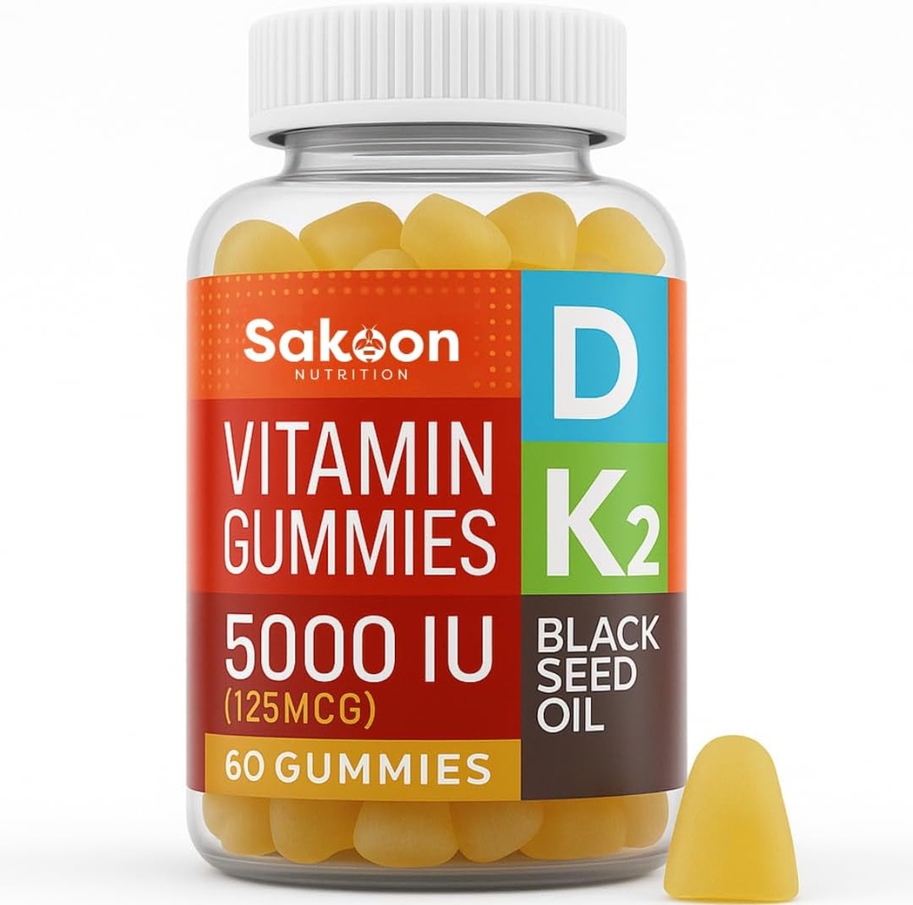 Sakoon nutrition 5000 IU Vitamin D3 K2 Vitamin Supplement with Black Seed Oil for Bone, Teeth, Muscle, and Immune Defense Support, Non-GMO and Gluten Free, 60 Gummy Chewables