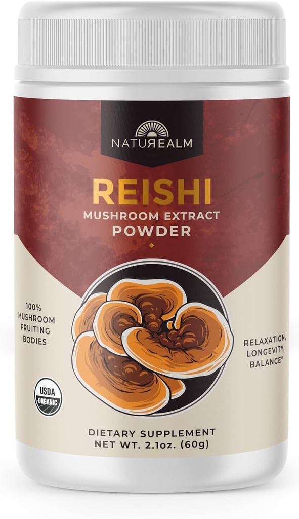 Naturealm Reishi Mushroom Powder Supplement - Organic Reishi Mushroom Extract Powder for Wellness & Cognitive Support - 60-Day Supply with Red Reishi Mushrooms