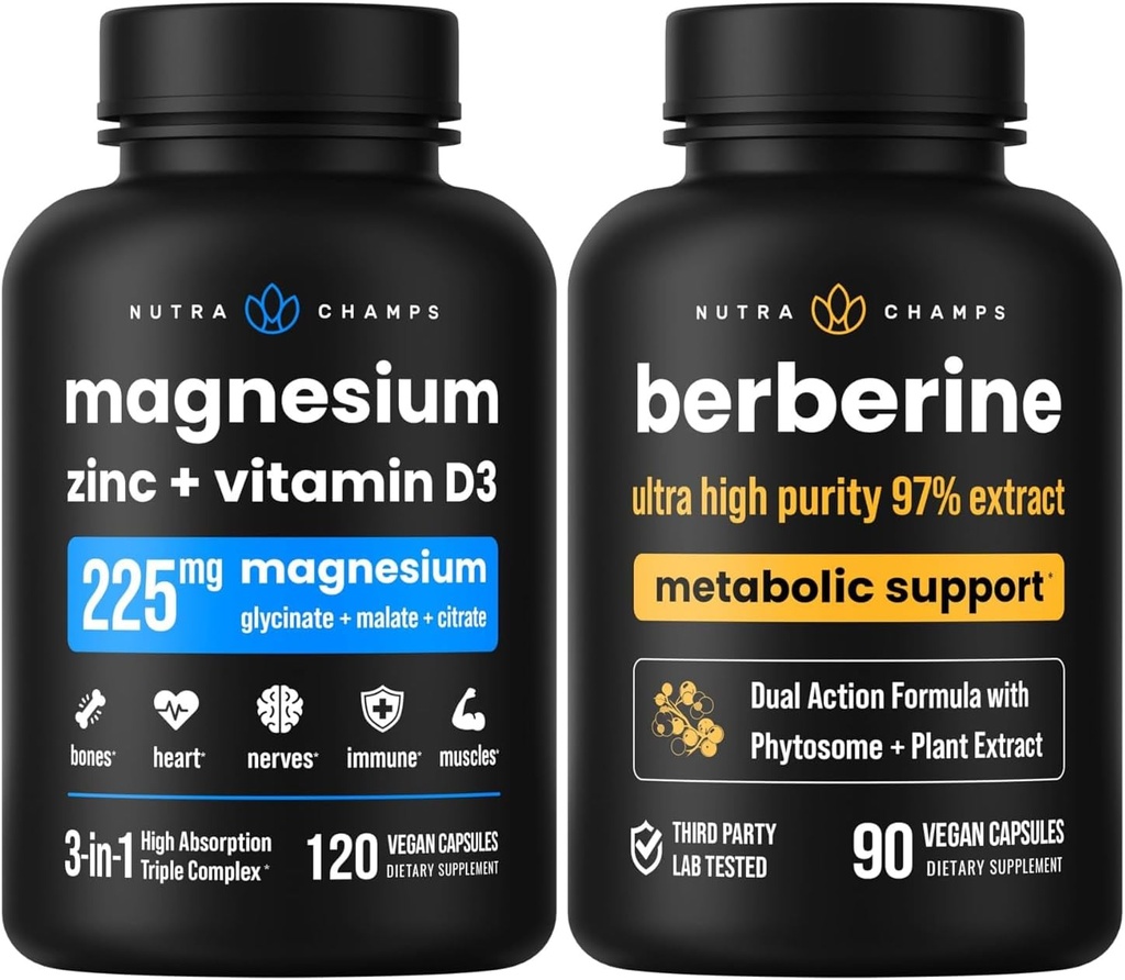 NutraChamps Complete Bone & Metabolic Support : Magnesium Zinc D3 & Berberine Duo