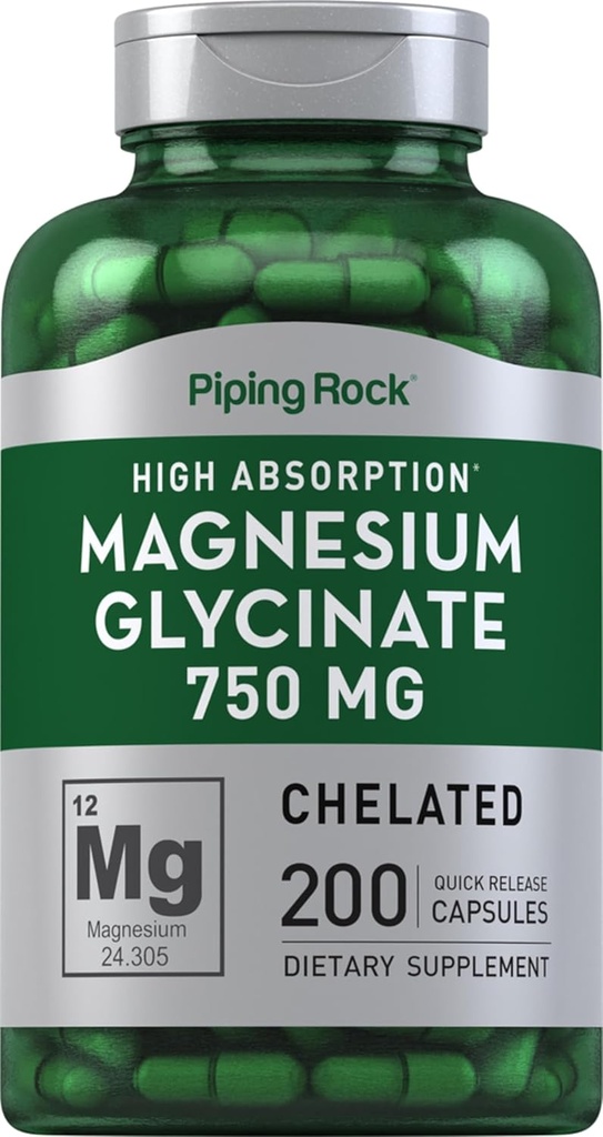 Piping Rock Magnesium Glycinate Capsules | 750mg | 200 Pills | Chelated Supplement | High Absorption | Non-GMO and Gluten Free