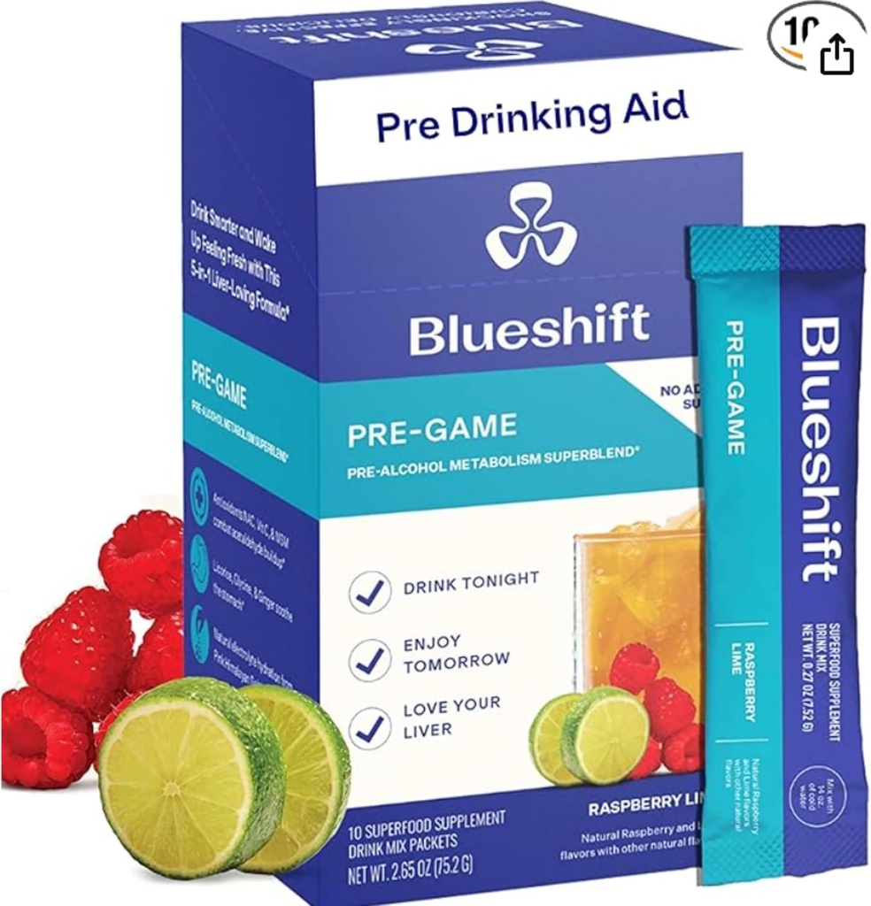 Blueshift Pre-Game - Pre Drinking NAC Supplement, Electrolytes Powder Packets, Hydration Packets, Liver Support with Ginger, Cysteine, Milk Thistle, No Sugar Powder Sticks (10 Pack)