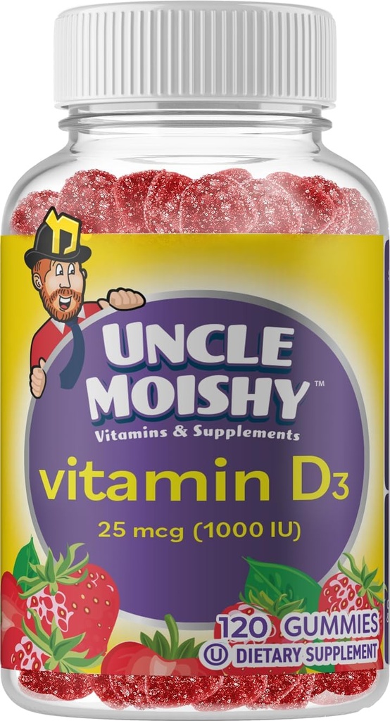 Uncle Moishy Vitamin D3 1000 IU Chewable Gummies - Strawberry Flavor - 120 Gummies