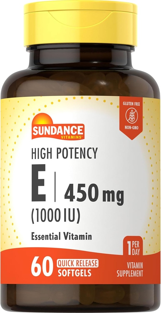 Sundance High Potency Vitamin E | 450mg (1000 IU) | 60 Softgels | Essential Vitamin Supplement | Non-GMO and Gluten Free Formula