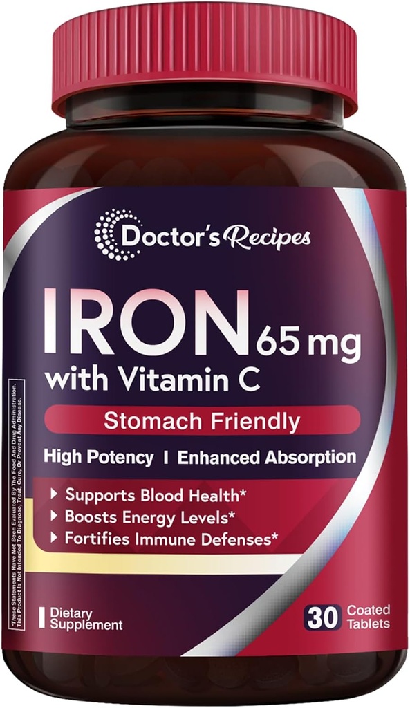 Doctor's Recipes Iron Supplement 65 mg with Vitamin C - Maximized Absorption & Stomach Friendly Iron Pills for Red Blood Cells Formation, Heart, Brain & Immunity Health - Vegan Non-GMO 30 Iron Tablets