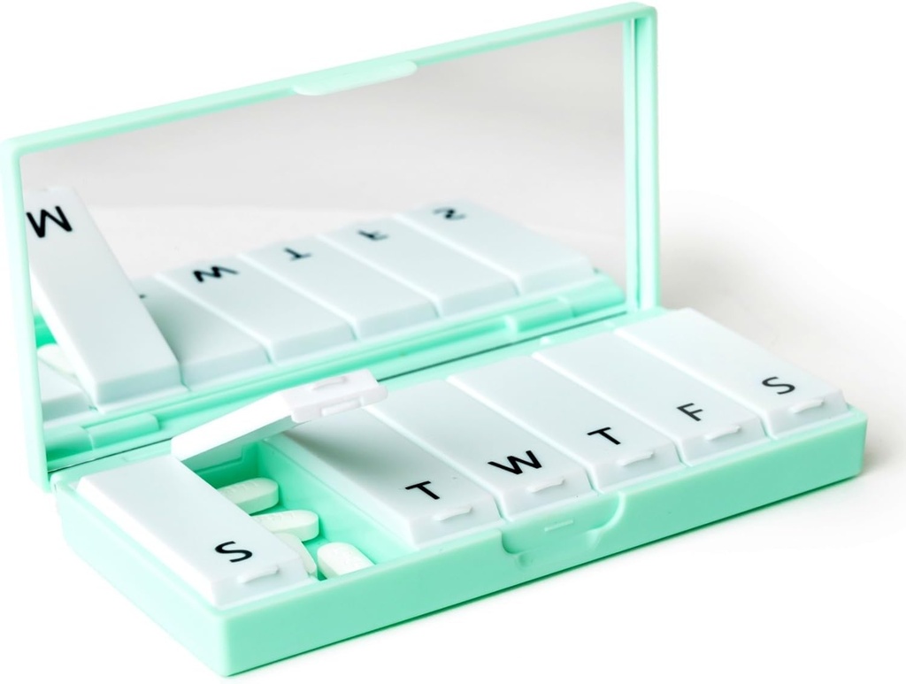 PORT X POLISH Designer Weekly Pill Box Organizer (Single 1X Daily, Mint) | Compact, Stylish 7-Day Vitamin Supplement Case | Cute Portable Mini Travel Medicine Carrier | BPA-Free Pillbox Caddy